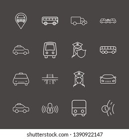 Outline 16 traffic icon set. car crash, taxi, car location and truck vector illustration