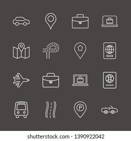 Outline 16 trip icon set. location home, location, foreign passport and suitcase vector illustration