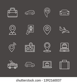 Outline 16 trip icon set. foreign passport with hand, car location, laptop with suitcase and suitcase vector illustration