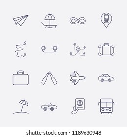 Outline 16 vacation icon set. train location, distance, car, bus, airplane, foreign passport with hand, beer bottle toast, suitcase, beach, infinity and paper airplane vector illustration