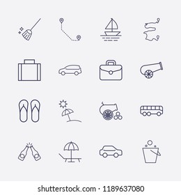 Outline 16 vacation icon set. cannon, suitcase, car, beach, broom, bus, flip flop, pail, boat, beer bottle toast and distance vector illustration