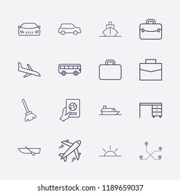 Outline 16 vacation icon set. sunset, bus, suitcase, foreign passport with hand, ship, comod, airplane, distance, broom, boat, car and plane landing vector illustration