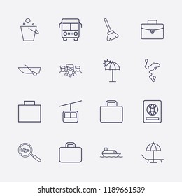 Outline 16 vacation icon set. ship, suitcase, group setting, foreign passport, funicular, boat, broom, bus, umbrella beach, pail, search airplane, distance and beach vector illustration