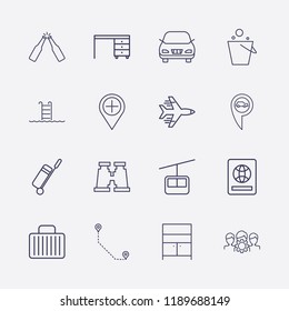 Outline 16 vacation icon set. beer bottle toast, distance, travel bag, car, comod, group setting, pail, car location, funicular, binoculars, pool, suitcase and add location vector illustration