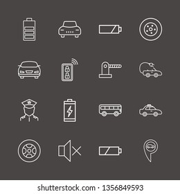 Outline 16 vehicle icon set. taxi, car, car location and parking barrier vector illustration