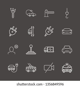 Outline 16 vehicle icon set. plug, trolleybus, electro car and diagnostic vector illustration