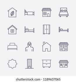 Outline 16 window icon set. wardrobe, rub el hizb, building, bed, house, leaf home, comod and thief vector illustration