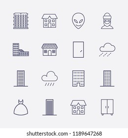 Outline 16 window icon set. comod, wedding dress, alien, door, building, house, thief and raining vector illustration