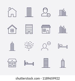 Outline 16 window icon set. building, remove user, house, bed and love rain vector illustration
