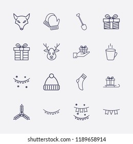 Outline 16 winter icon set. holly berry leaves, winter glove, garland, fox, shovel, sled in gift, hand with gift box, winter hat, gift, sock, deer, hot cup and garlands vector illustration