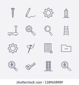 Outline 16 work icon set. ladder, screw, remove document, pencil, needle thread, search, router, remove folder, gear, ethereum search, search list, meters tool and building vector illustration