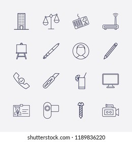 Outline 16 work icon set. user, video camera, painting board, keyboard, businessman shield, cocktail, handset check, monitor, screw, router, pencil, building, balance and pen vector illustration