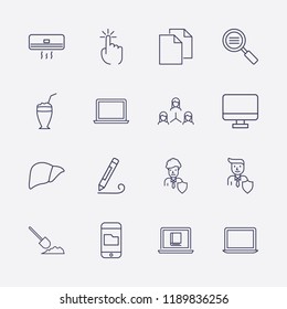 Outline 16 work icon set. smartphone with folder, click, cocktail, search list, monitor, pencil, shovel in the ground, businessman shield, air conditioning, teamwork and laptop vector illustration