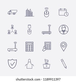 Outline 16 work icon set. user, apron, check, teamwork, dump truck, building, laptop worker, calendar time, calculator with hand, router, wifi mouse, location check and calculator vector illustration