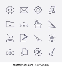 Outline 16 work icon set. hand with document, mail, download folder, user, toilet pump, missed call, reception, lock signal, organization, scalpel and letter with hand vector illustration