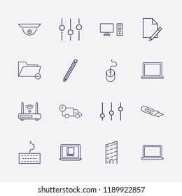 Outline 16 work icon set. online book reading, delivery, document edit, pencil, laptop, mouse, keyboard, router, remove folder, security camera, pc and building vector illustration