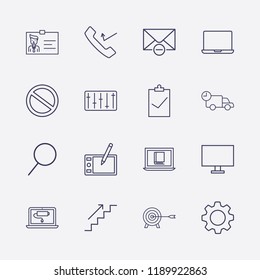 Outline 16 work icon set. missed call, monitor, online book reading, equalizer, draw tablet, laptop, stairs up, delivery, businessman shield, clipboard check and targer vector illustration