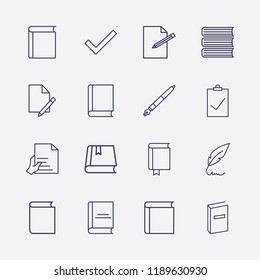 Outline 16 writing icon set. pen, edit document, book, document edit, check, feather pen, hand with document and clipboard check vector illustration
