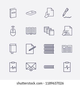 Outline 16 writing icon set. mouse wifi, hand with document, edit document, medicine clipboard, book, down message and pen vector illustration