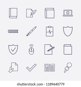 Outline 16 writing icon set. document feather pen, hand with document, laptop with sun, pen, check, wifi mouse, medicine clipboard, edit document and book vector illustration