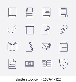Outline 16 writing icon set. edit document, remove document, pen, laptop with sun, edit message, document list, check and book vector illustration