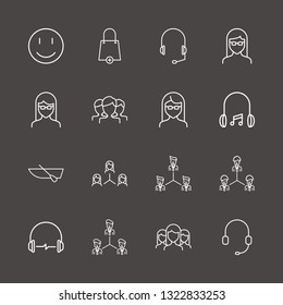 Outline 16 youth icon set. group, glasses girl, teamwork and headphone vector illustration