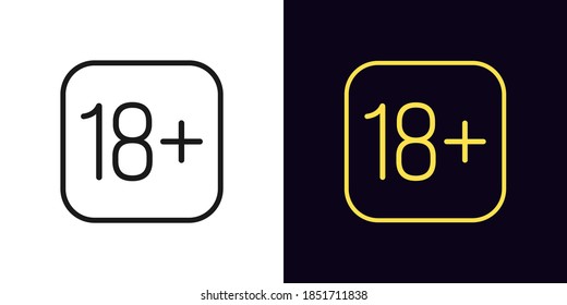 Esquema 18 más icono. Signo lineal de edad de 18 años con ictus editable, contenido adulto. Menor a 18 años de restricción en medios sociales, juegos, cine y publicidad. Icono del vector, signo, símbolo para la interfaz de usuario y animación
