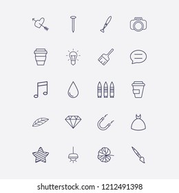 Outline 20 art icon set. drop, bullet, photo camera, lamp, star and coffee cup vector illustration