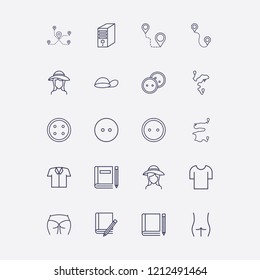 Outline 20 back icon set. figure ass, t shirt, dress button, cap, shirt and book and pencil vector illustration