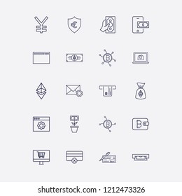 Outline 20 banking icon set. cash withdrawal, online shopping, ethereum money, online shop, hand with money and browser setting vector illustration