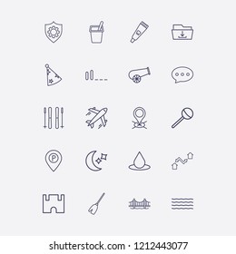 Outline 20 blue icon set. signal bars, moon, location, wave, bubble chat and yogurt vector illustration