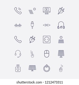 Outline 20 cable icon set. solar battery, power, mouse, monitor with media player, handset and smart plug vector illustration