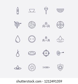 Outline 20 circle icon set. teamwork, bowl, suicide rope, aim, volleyball ball and movie roll vector illustration