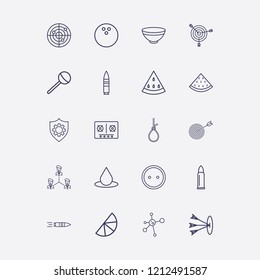 Outline 20 Circle Icon Set. Gas Stove, Radar, Drop, Shield Setting, Bullet And Bowling Ball Vector Illustration