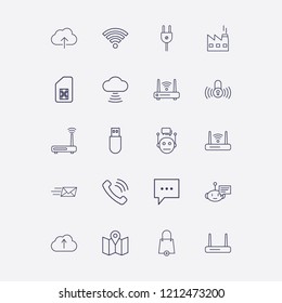 Outline 20 connect icon set. cloud signal, plug, wi fi signal, usb, cloud upload and lock signal vector illustration