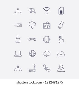 Outline 20 connect icon set. globe search, network, send message, phone vibrate, sim card and download cloud vector illustration