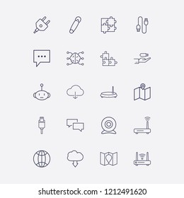 Outline 20 connect icon set. world, network brain, router, hand in usb, bot and web camera vector illustration