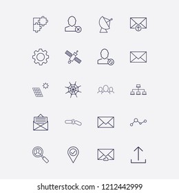Outline 20 connection icon set. upload message, search user, solar battery, user refresh, mail and close user vector illustration