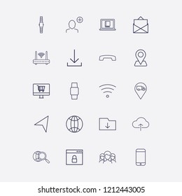 Outline 20 connection icon set. download, browser with lock, upload cloud, add user, smartphone and wifi vector illustration