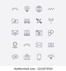 Outline 20 connection icon set. router, mail, laptop shield, browser setting, analytics and check message vector illustration