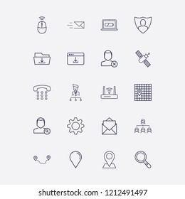 Outline 20 connection icon set. send message, mouse wifi, close user, location, organization and user shield vector illustration