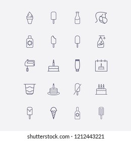 Outline 20 cream icon set. liquid soap, forbidden ice cream, milk bottle, birthday cake, sunscreen and calendar with birthday cake vector illustration