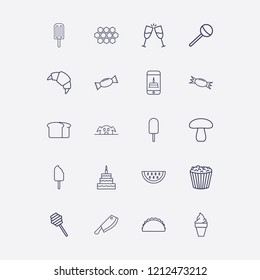 Outline 20 delicious icon set. toast, lollipop, watermelon, sandwich, birthday cake and mushroom vector illustration
