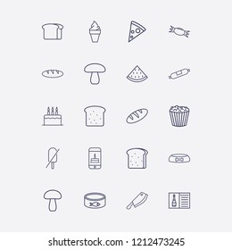 Outline 20 delicious icon set. cake, sausage, champagne menu, mushroom, smartphone with birthday cake and watermelon vector illustration