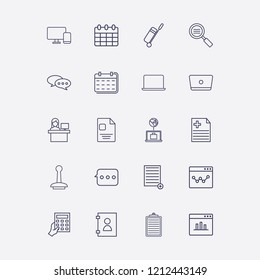 Outline 20 desk icon set. phone book, stamp, monitor phone, travel bag, calendar and reception vector illustration