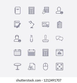 Outline 20 desk icon set. user payment, clipboard, hand with document, calculator, notebook and click vector illustration