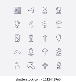 Outline 20 direction icon set. finger click, arrow, signpost, location, map location and three way direction arrow vector illustration