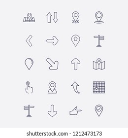 Outline 20 direction icon set. finger click, map location, road sign, location, location check and location home vector illustration