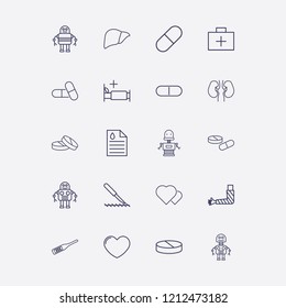 Outline 20 doctor icon set. digital thermometer, medicine bed, liver, kidney, medical aid box and broken hand vector illustration