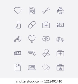 Outline 20 doctor icon set. medicine briefcase, broken bone, diagnostic, pill, medicine document and remove heart vector illustration